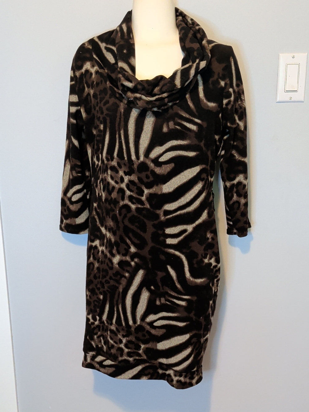 le chateau Black and Cream Animal Print Cowl Neck Sweater Dress
